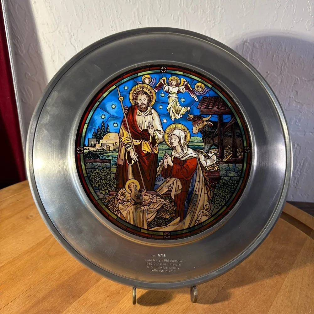 1986 US Historical Society ST MARY'S PHILADELPHIA Stained Glass Pewter Plate Box